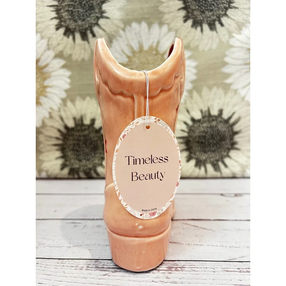 Timeless Beauty Ceramic‎ Cowboy Boot Vase Peach with Red Stars Western Decor